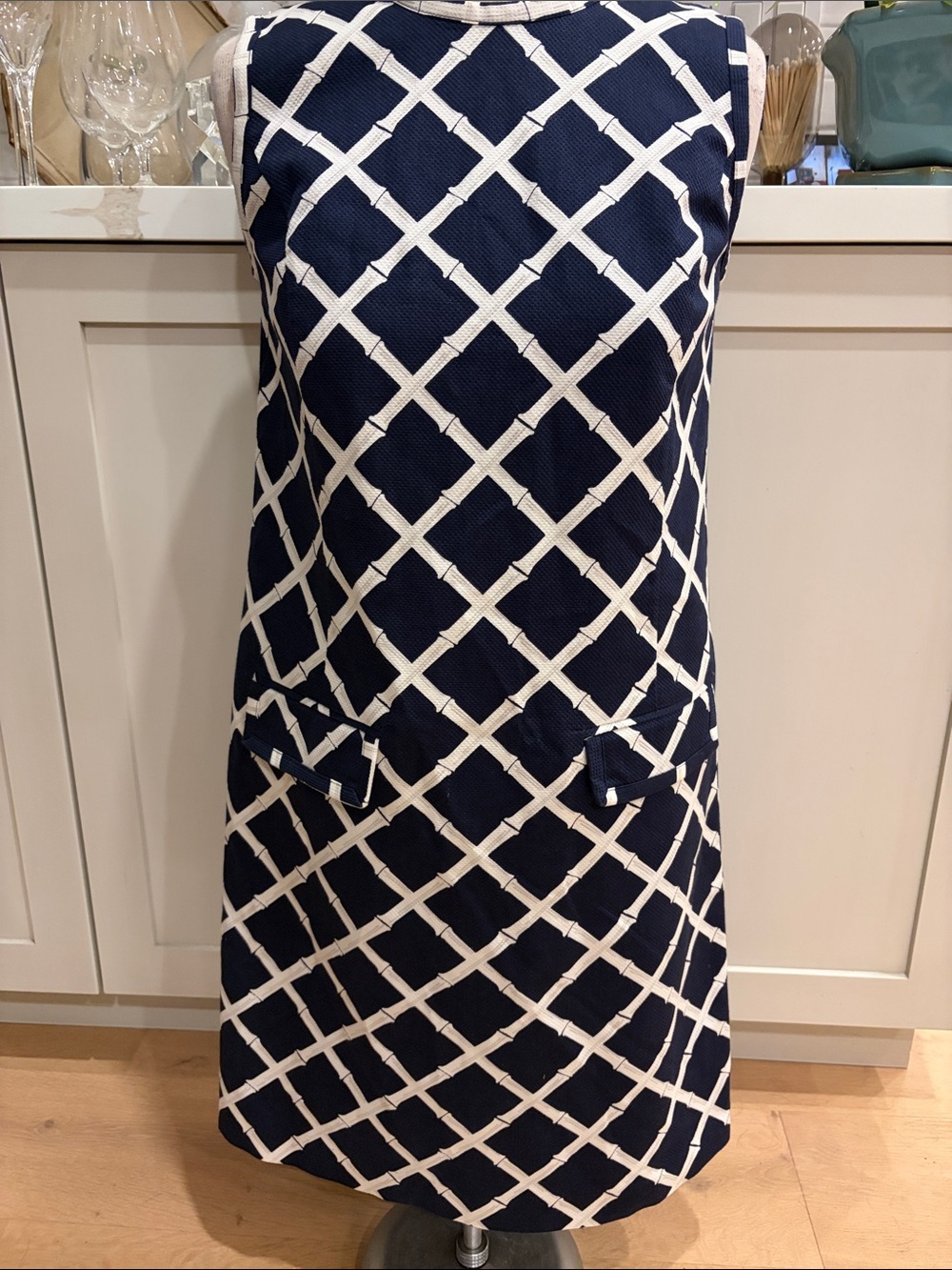 Brooks Brothers Navy & White Bamboo Lattice Sleeveless Navy and Cream Dress